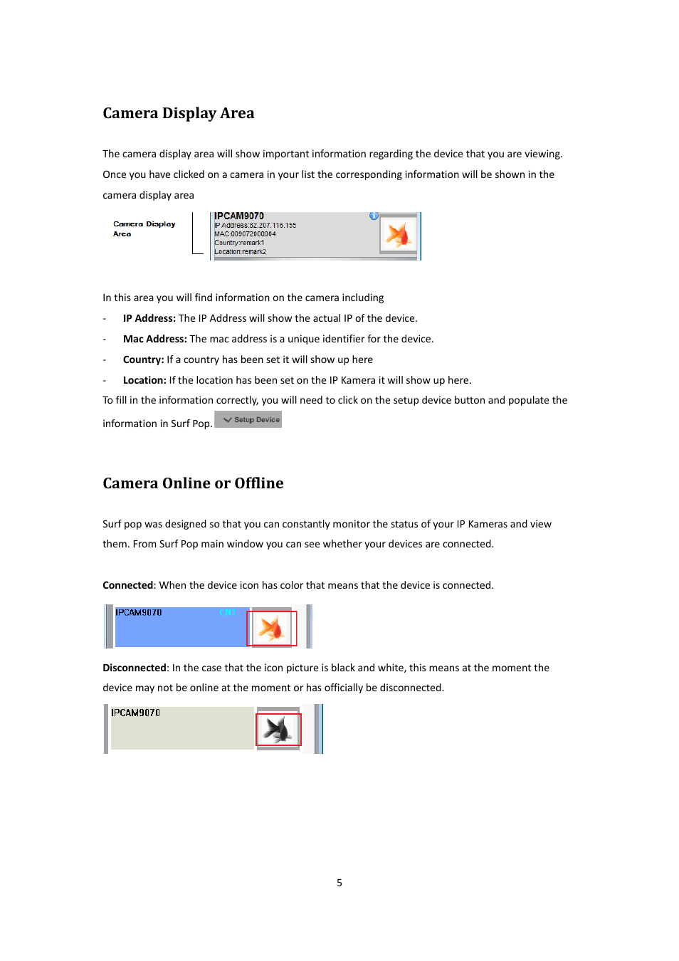 Camera display area, Camera online or offline | Aviosys Surf PoP Beta User Manual | Page 5 / 13