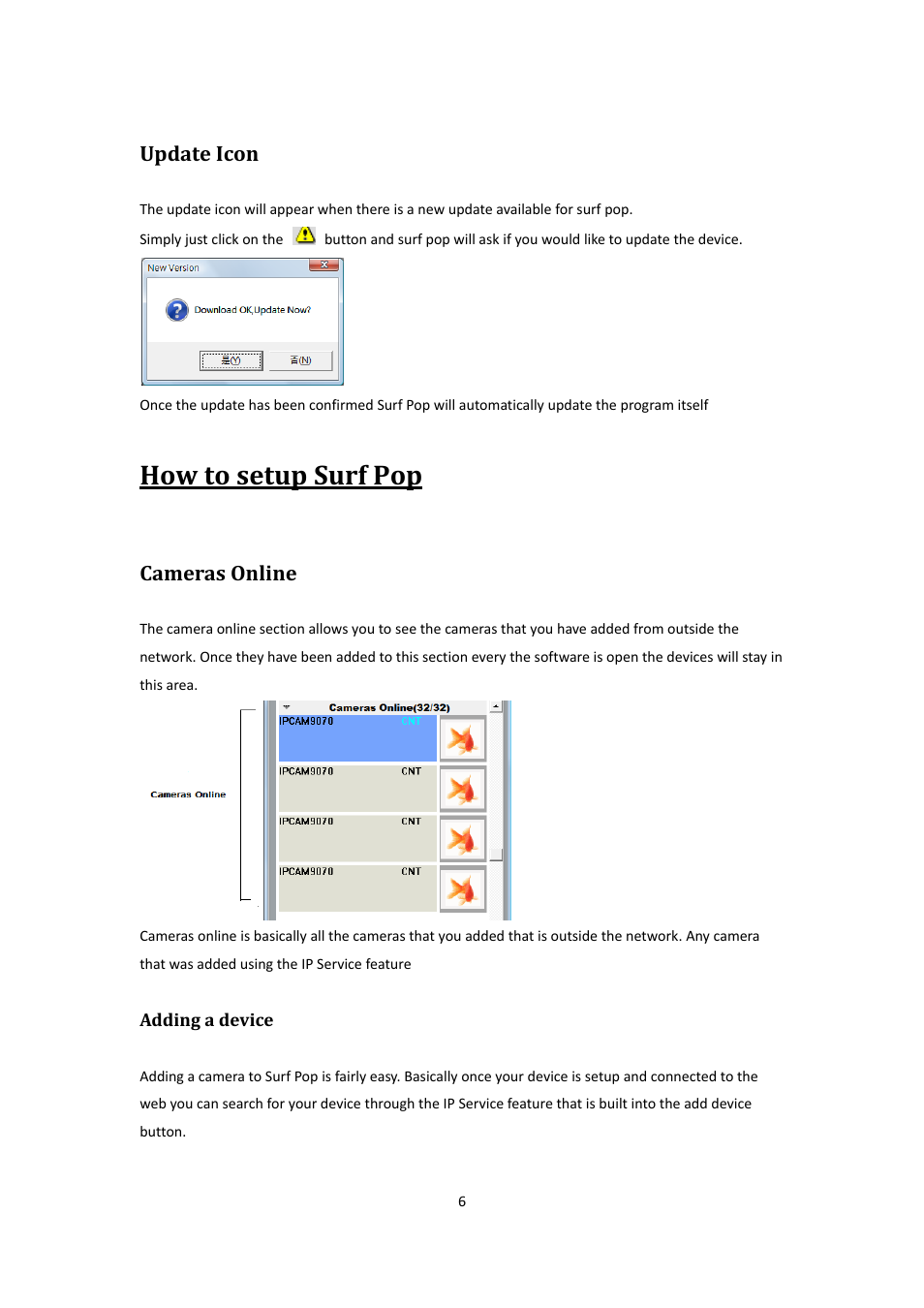 Update icon, How to setup surf pop, Cameras online | Adding a device | Aviosys Surf PoP Beta User Manual | Page 6 / 13
