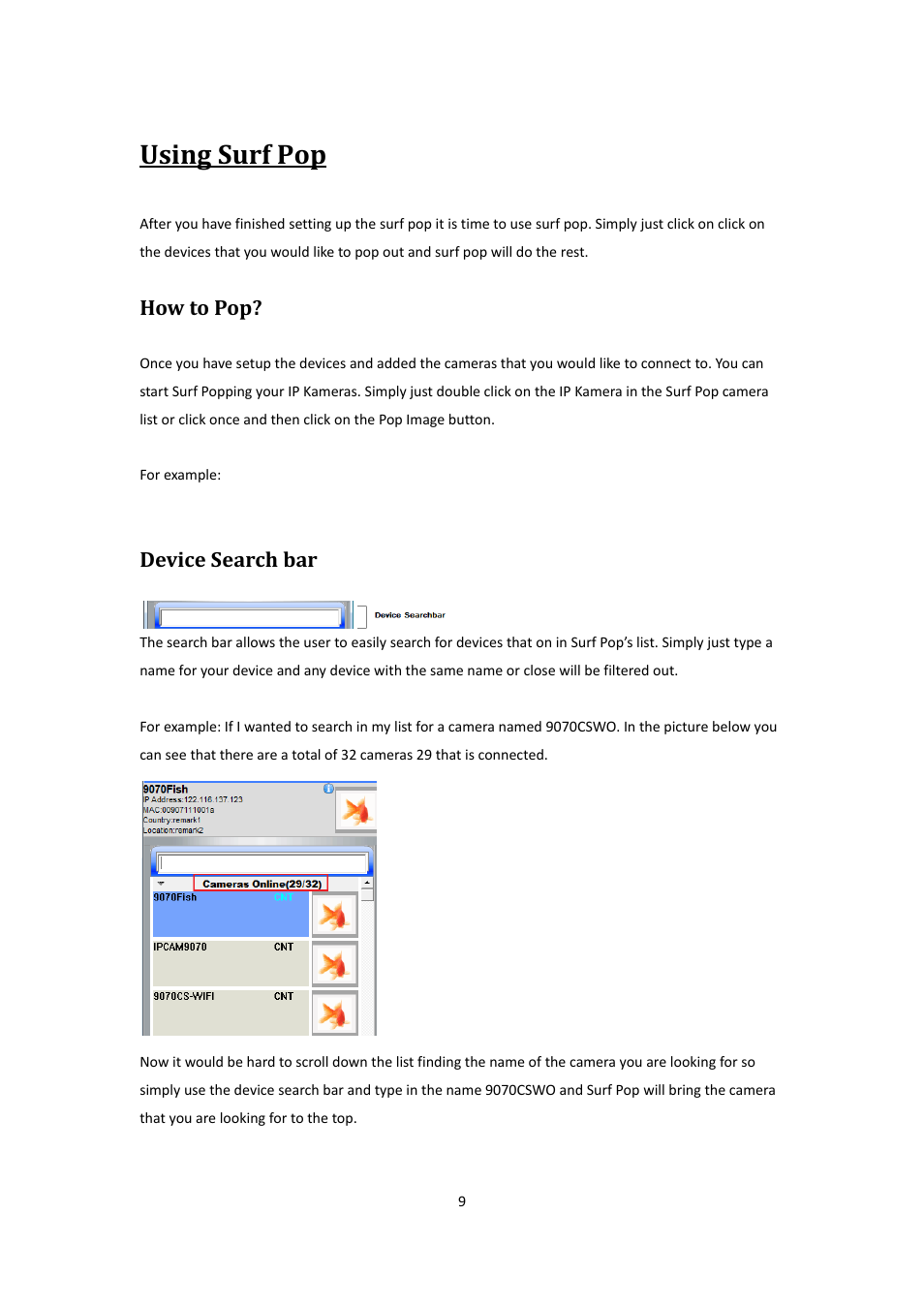 Using surf pop, How to pop, Device search bar | Aviosys Surf PoP Beta User Manual | Page 9 / 13
