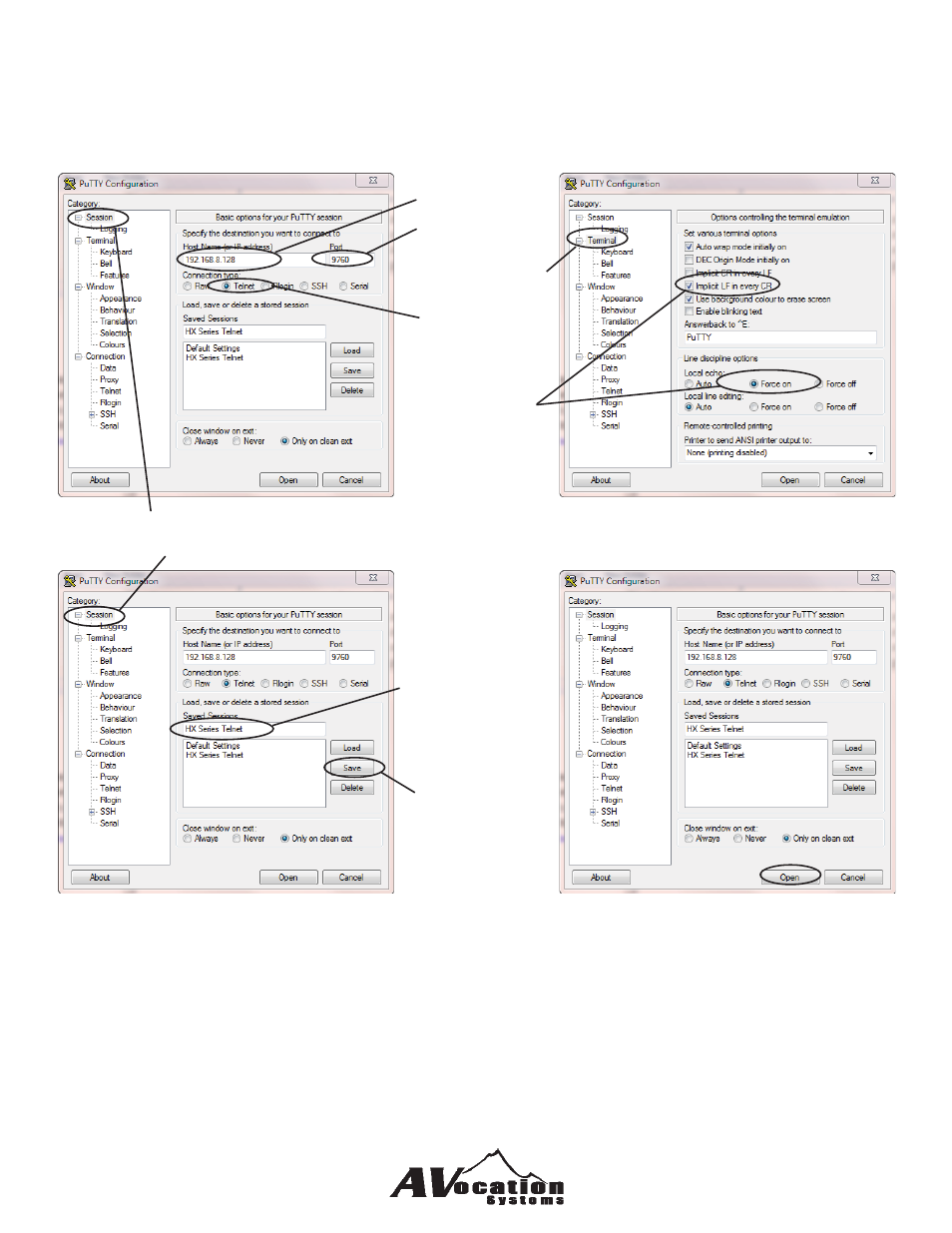 Using putty with ethernet connection | AVocation Systems HX-0808HA/8 User Manual | Page 11 / 31
