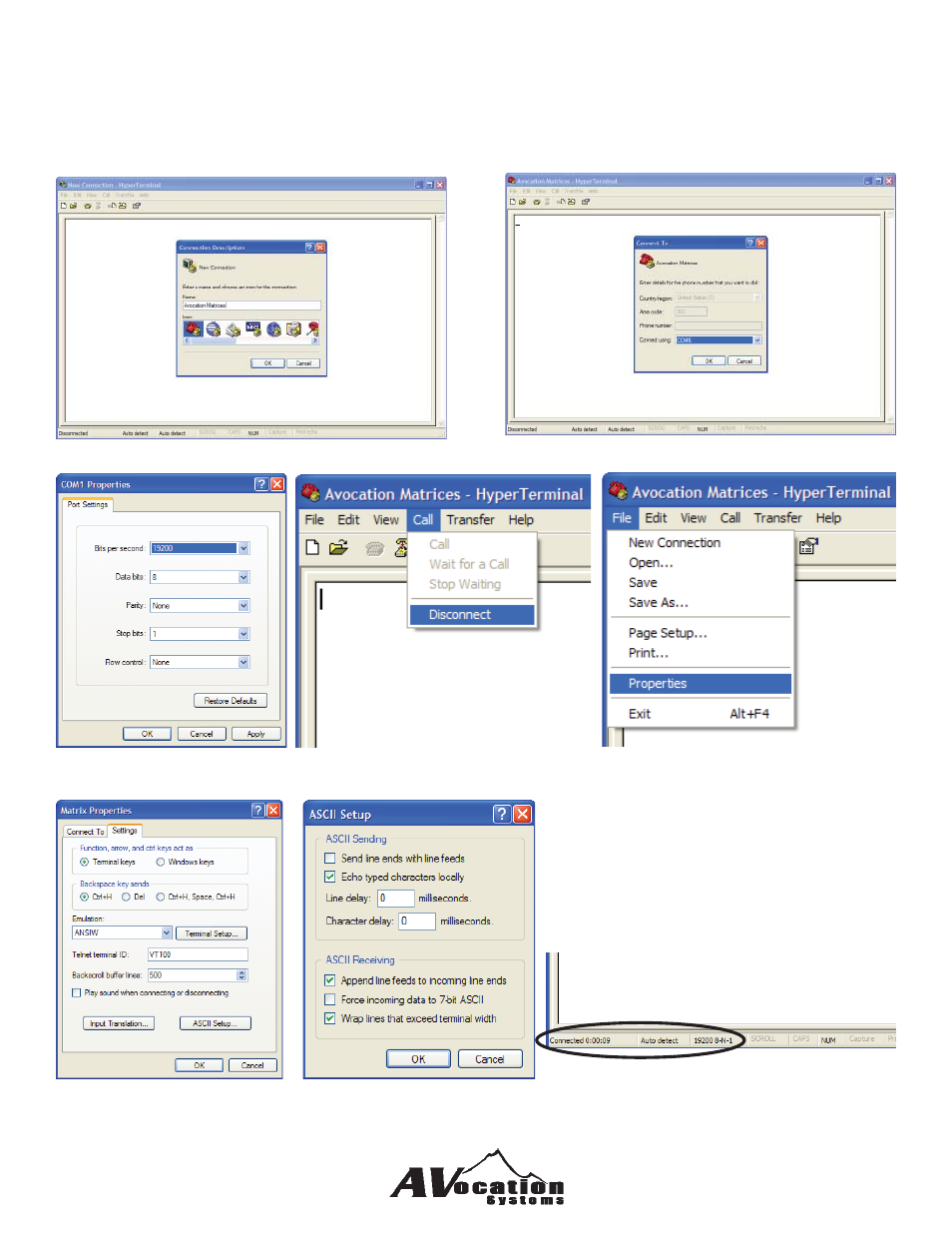 Using windows hyperterminal with serial connection | AVocation Systems HX-0808HA/8 User Manual | Page 8 / 31