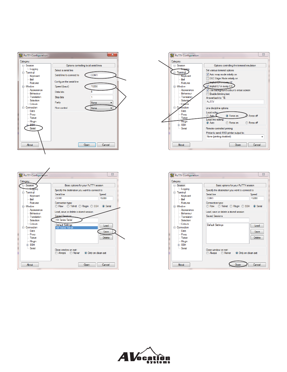 Using putty with serial connection | AVocation Systems HX-0808HA/8 User Manual | Page 9 / 31