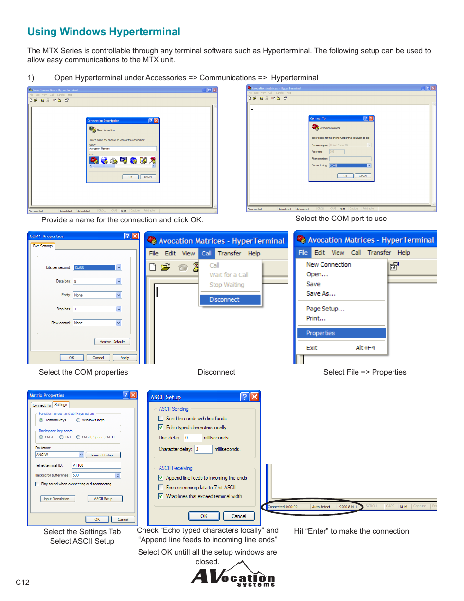 Using windows hyperterminal | AVocation Systems MX-0404NAD/R User Manual | Page 10 / 24
