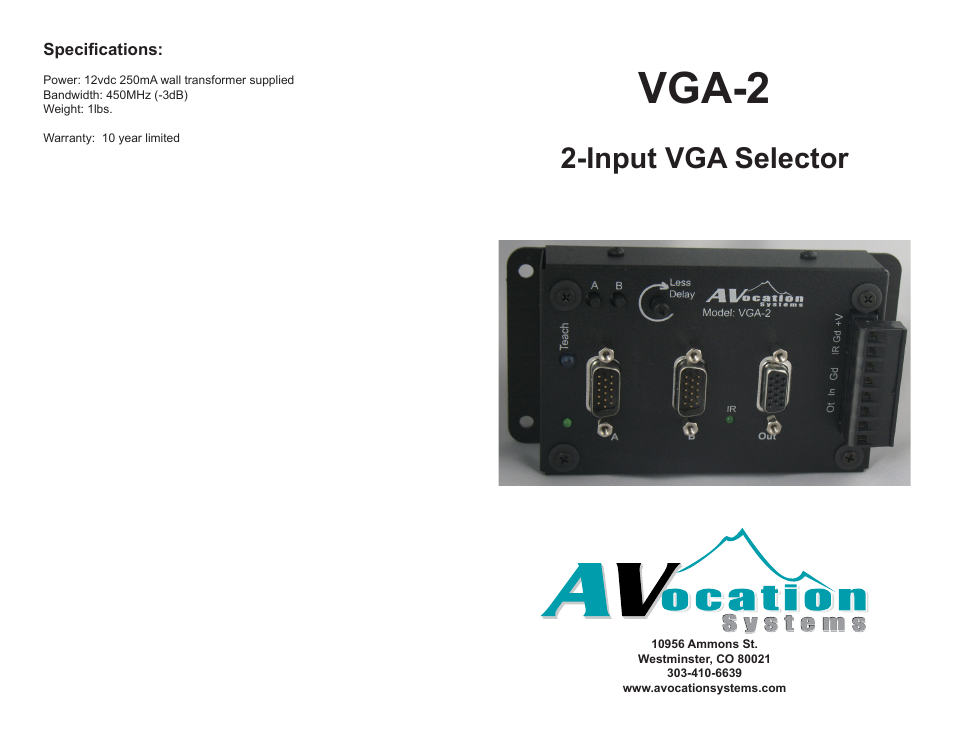 AVocation Systems VGA-2 User Manual | 2 pages