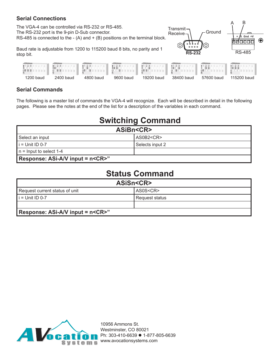 Switching command, Status command, Vga-4hd | Asibn<cr, Asisn<cr, Serial connections, Serial commands, Response: asi-a/v input = n<cr | AVocation Systems VGA-4 User Manual | Page 2 / 2