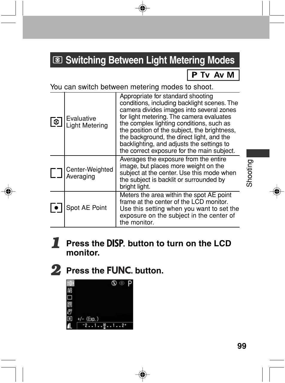 Switching between light metering modes | Canon A70 User Manual | Page 104 / 231