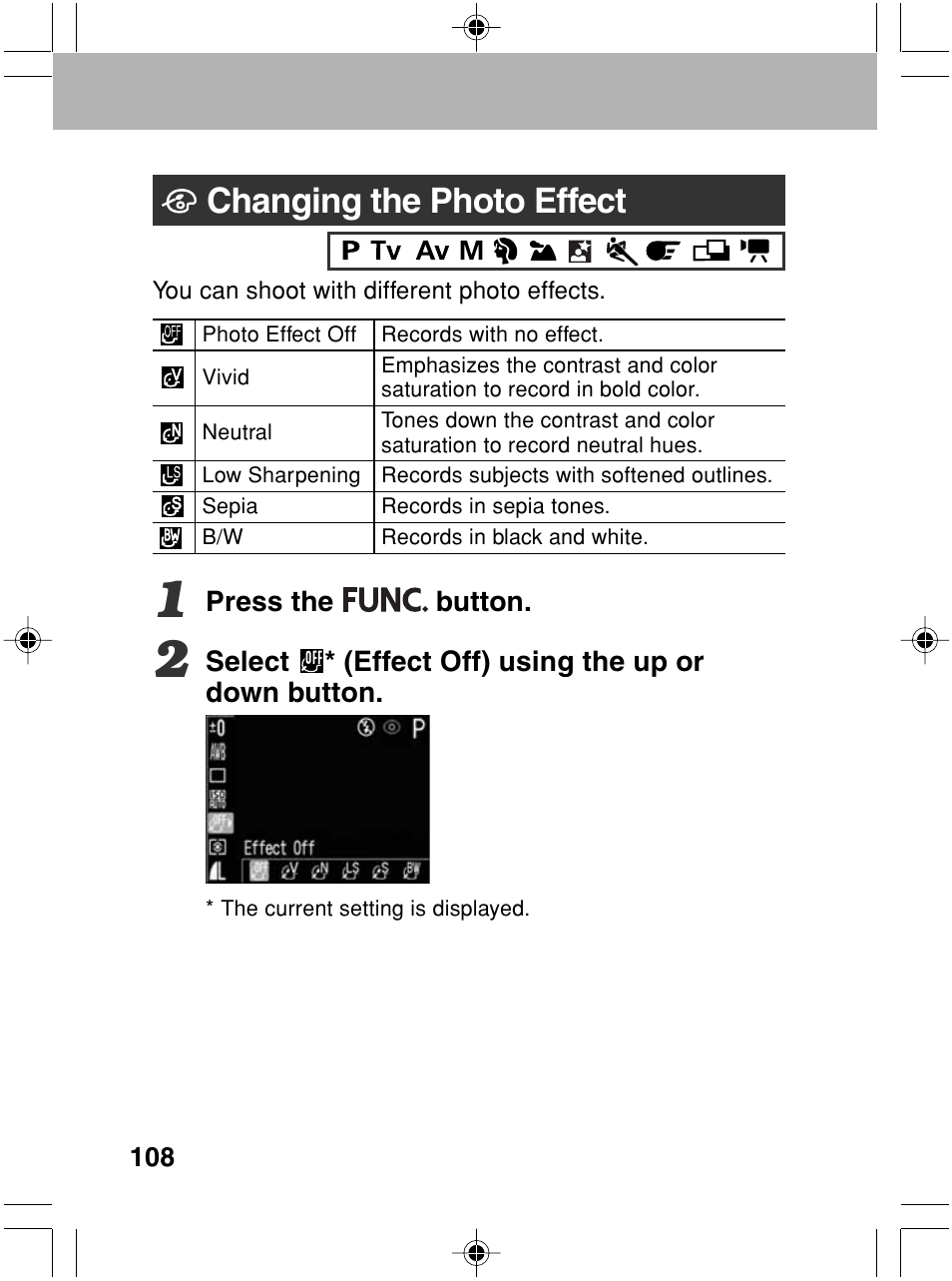 Changing the photo effect | Canon A70 User Manual | Page 113 / 231