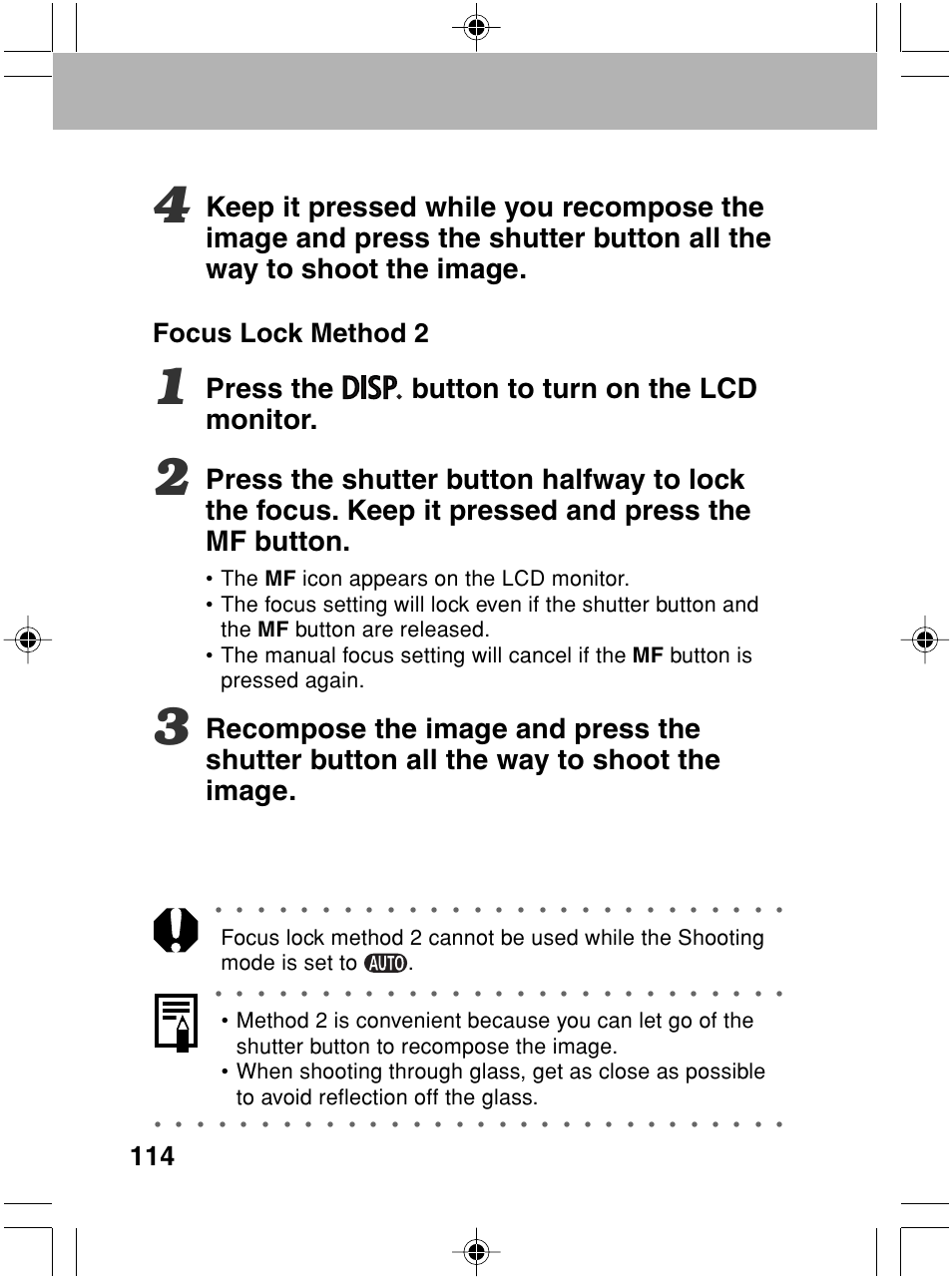 Press the button to turn on the lcd monitor, Focus lock method 2 | Canon A70 User Manual | Page 119 / 231