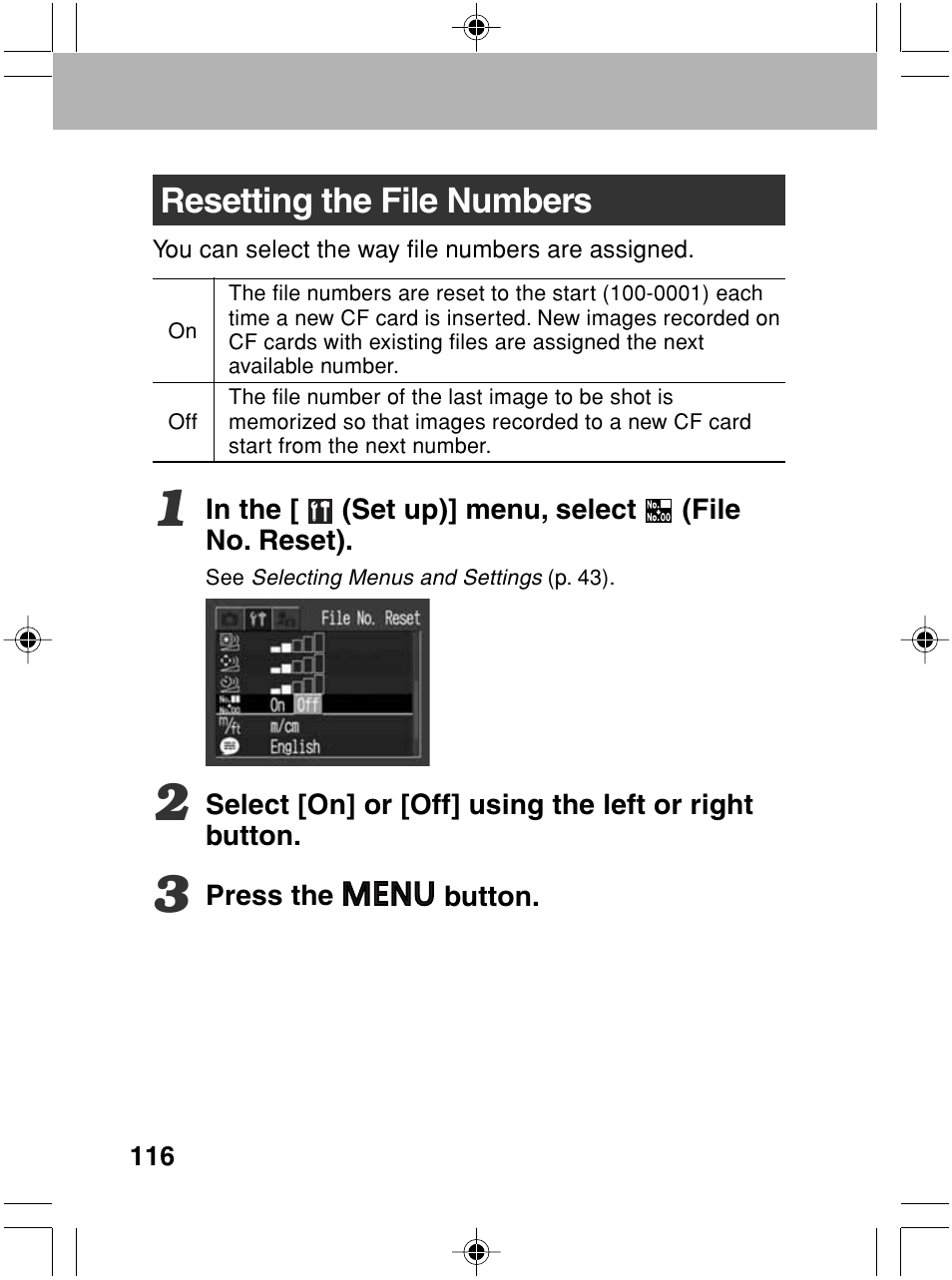 Resetting the file numbers | Canon A70 User Manual | Page 121 / 231