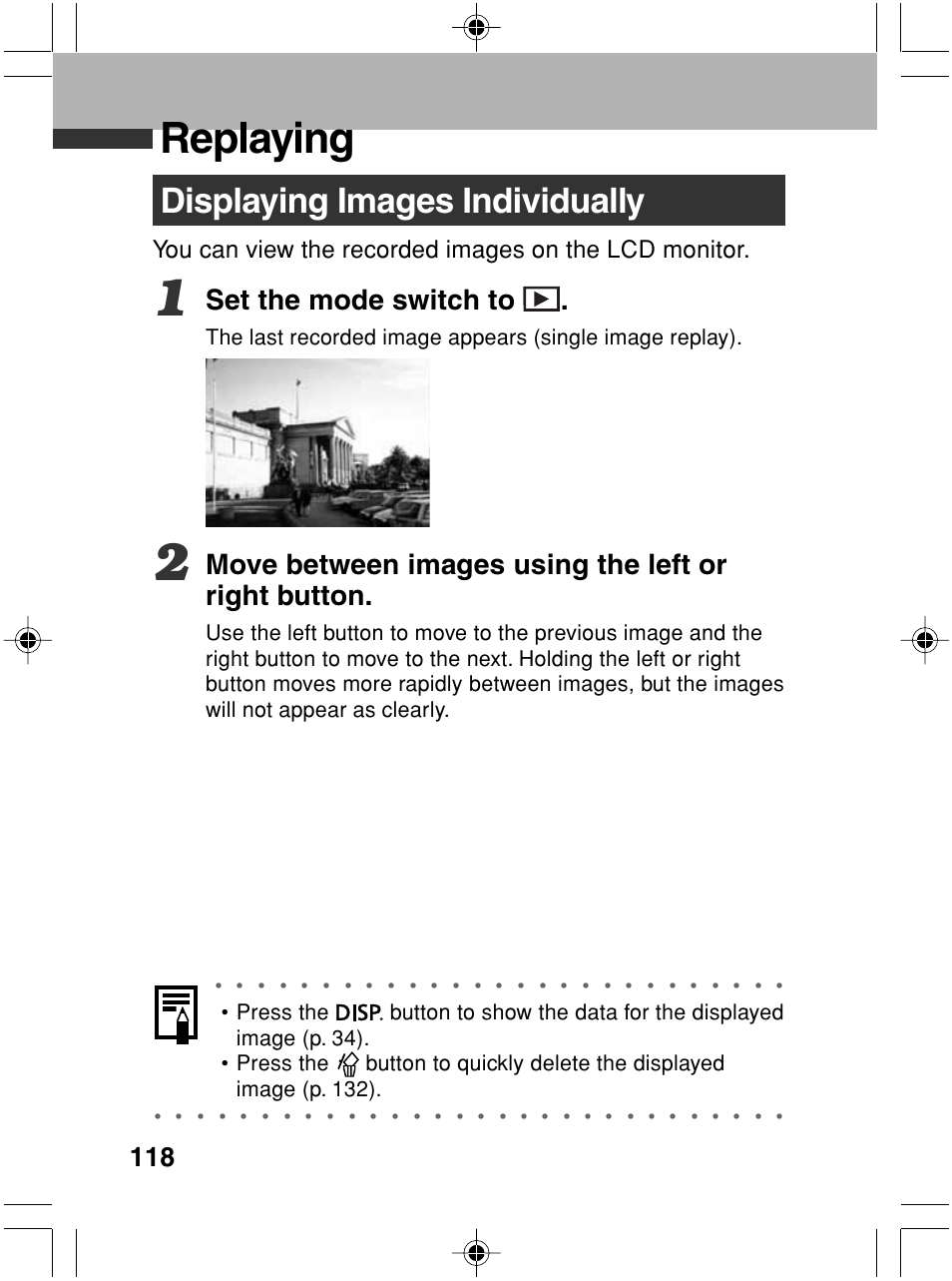 Replaying, Displaying images individually, Set the mode switch to | Move between images using the left or right button | Canon A70 User Manual | Page 123 / 231
