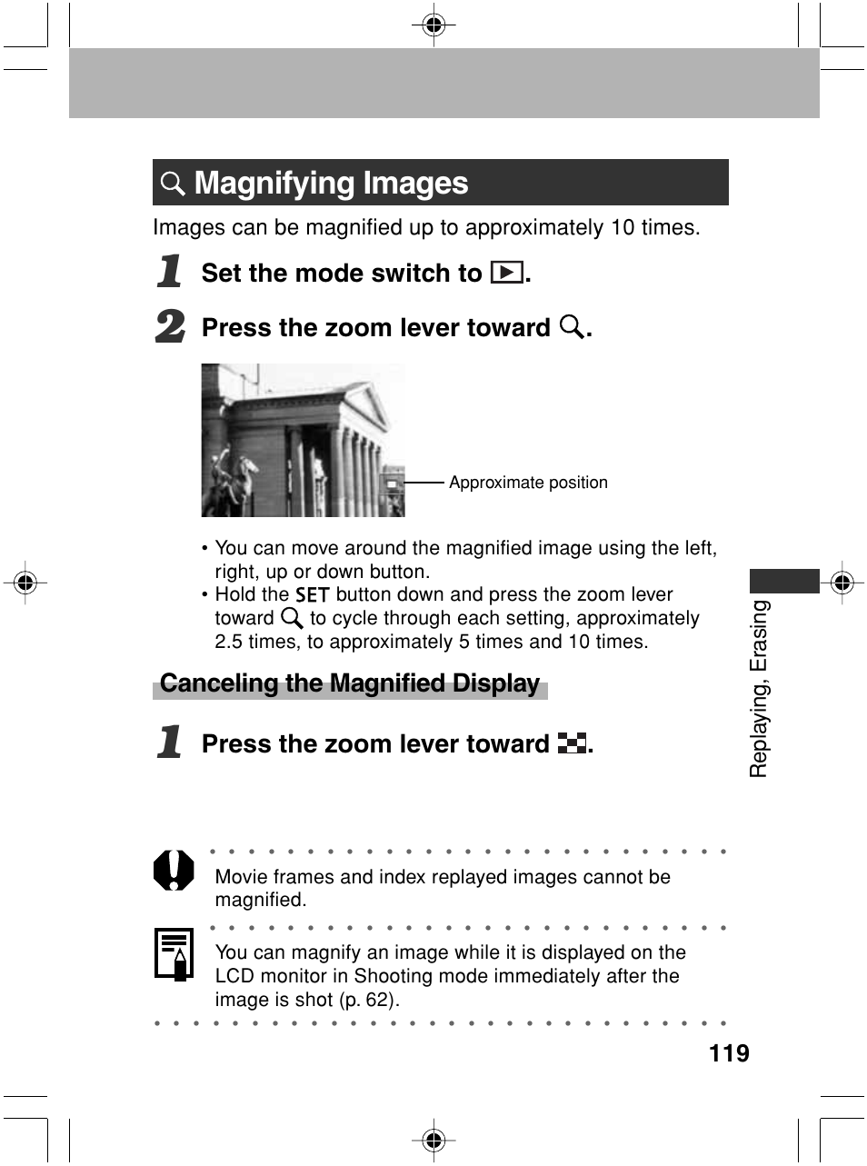 Magnifying images, Set the mode switch to, Press the zoom lever toward | Canceling the magnified display, Repla ying, er asing, Approximate position | Canon A70 User Manual | Page 124 / 231