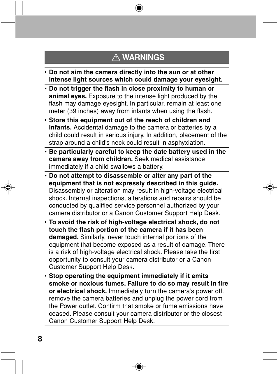 8warnings | Canon A70 User Manual | Page 13 / 231