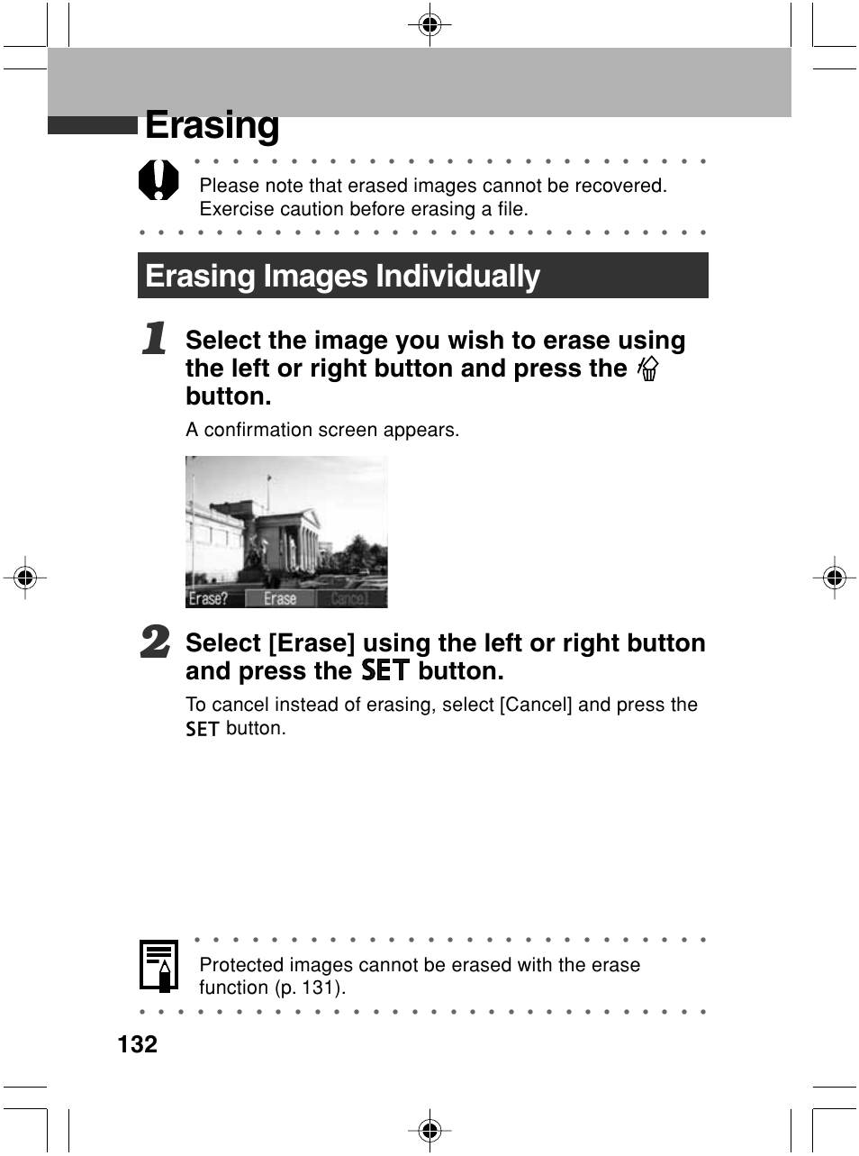 Erasing, Erasing images individually, A confirmation screen appears | Canon A70 User Manual | Page 137 / 231