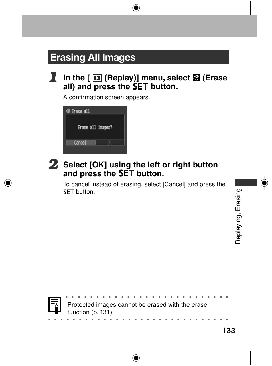 Erasing all images, Repla ying, er asing, A confirmation screen appears | Canon A70 User Manual | Page 138 / 231