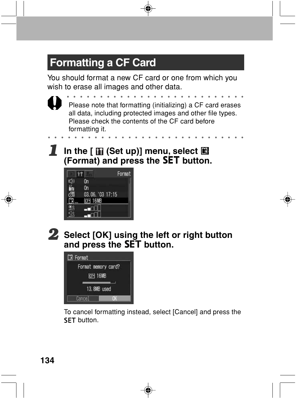 Formatting a cf card | Canon A70 User Manual | Page 139 / 231
