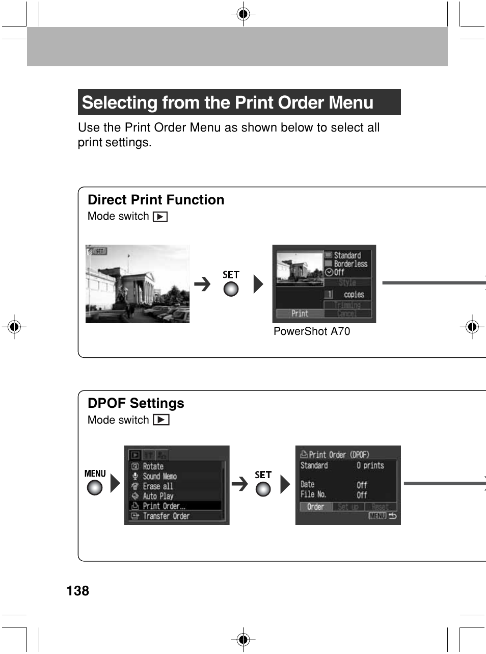 Selecting from the print order menu | Canon A70 User Manual | Page 143 / 231