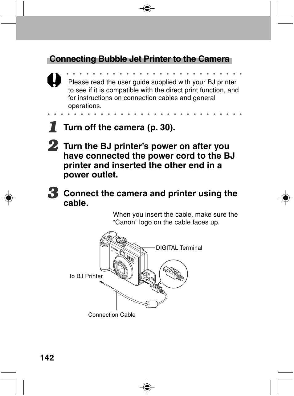 Connecting bubble jet printer to the camera, Turn off the camera (p. 30), Connect the camera and printer using the cable | Digital terminal connection cable to bj printer | Canon A70 User Manual | Page 147 / 231
