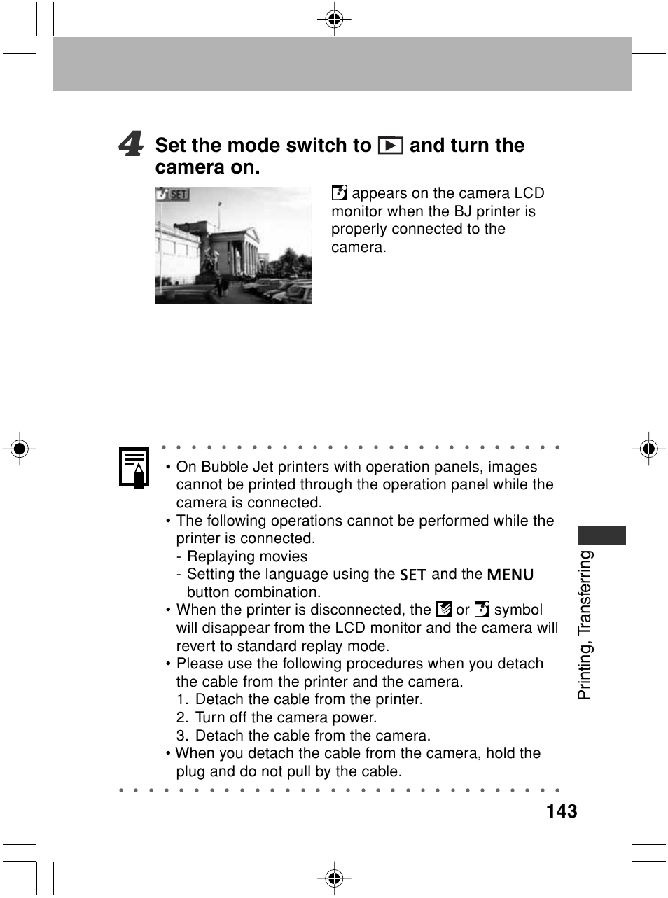 Set the mode switch to and turn the camera on, Pr inting, t ransf err ing | Canon A70 User Manual | Page 148 / 231