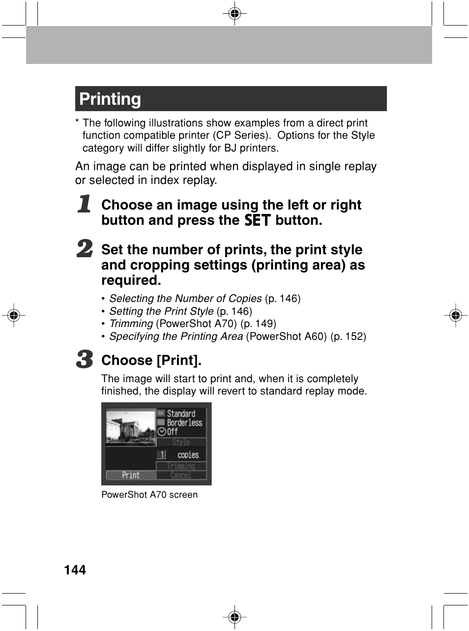 Printing | Canon A70 User Manual | Page 149 / 231