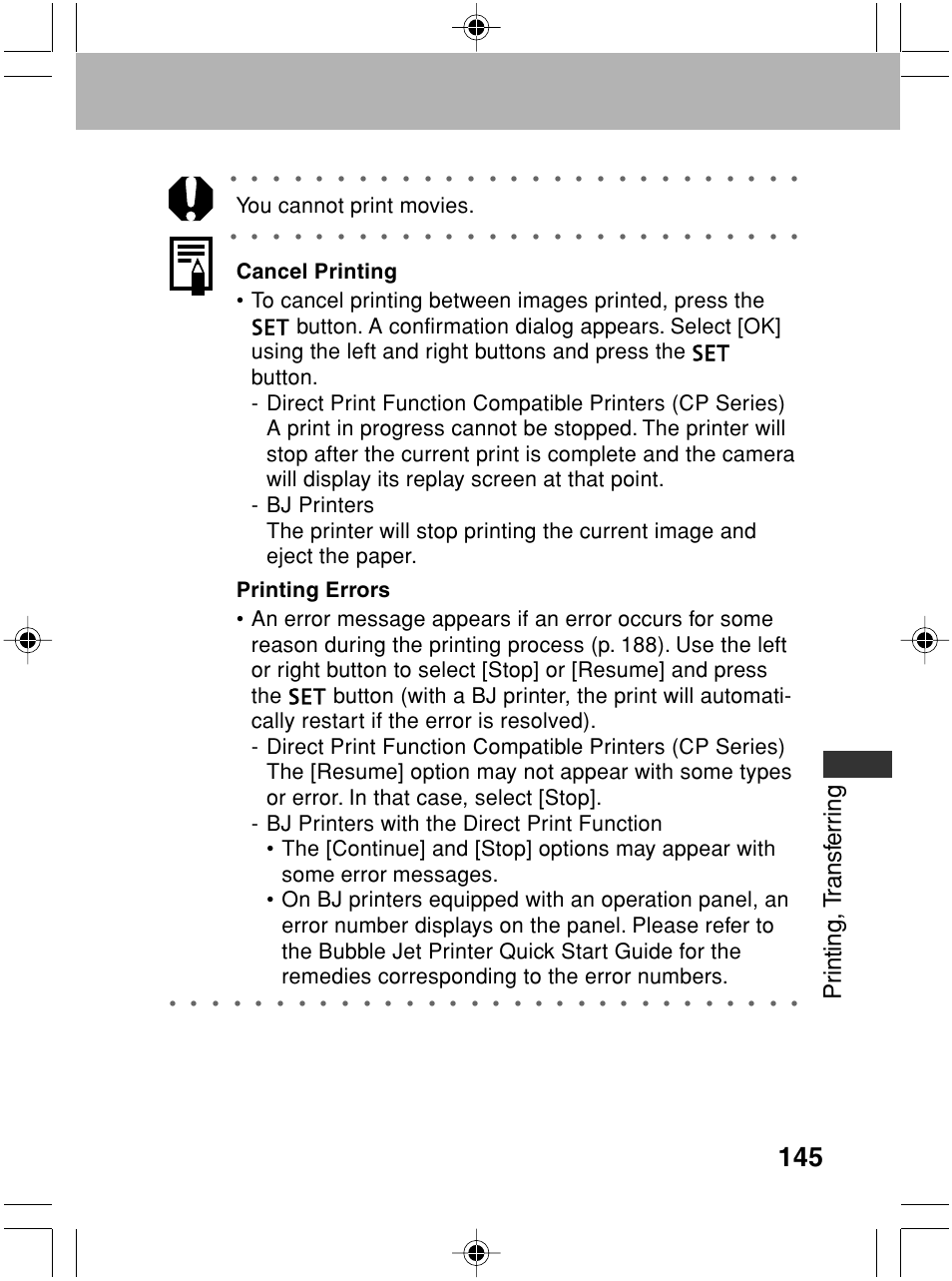 Pr inting, t ransf err ing, You cannot print movies | Canon A70 User Manual | Page 150 / 231