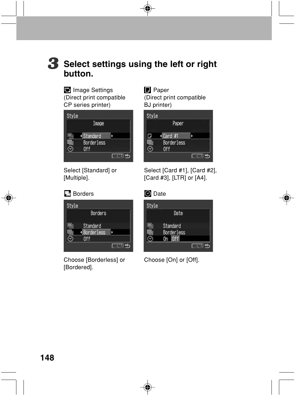 Select settings using the left or right button | Canon A70 User Manual | Page 153 / 231