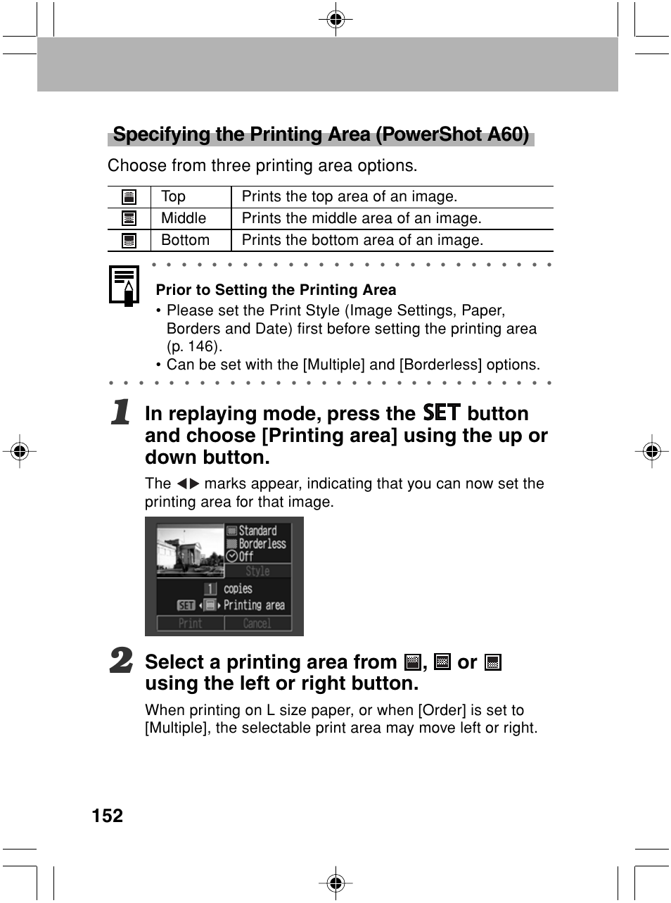 Specifying the printing area (powershot a60), Choose from three printing area options | Canon A70 User Manual | Page 157 / 231
