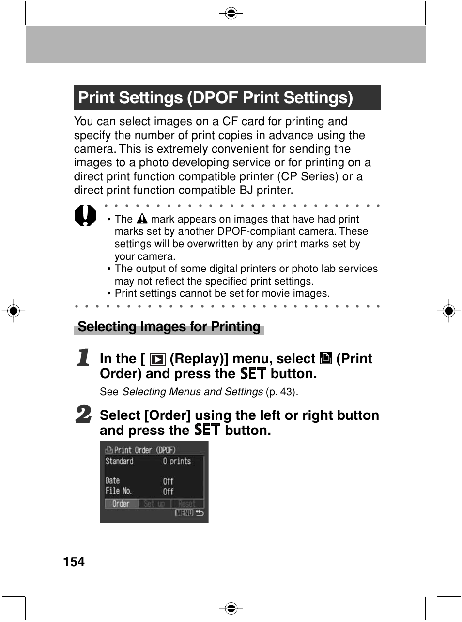 Print settings (dpof print settings), Selecting images for printing, Selecting menus and settings | P. 43) | Canon A70 User Manual | Page 159 / 231
