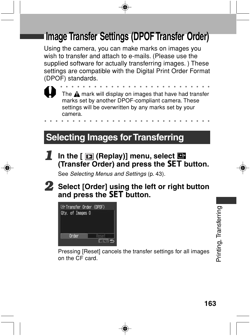 Image transfer settings (dpof transfer order), Selecting images for transferring, Pr inting, t ransf err ing | Selecting menus and settings, P. 43) | Canon A70 User Manual | Page 168 / 231