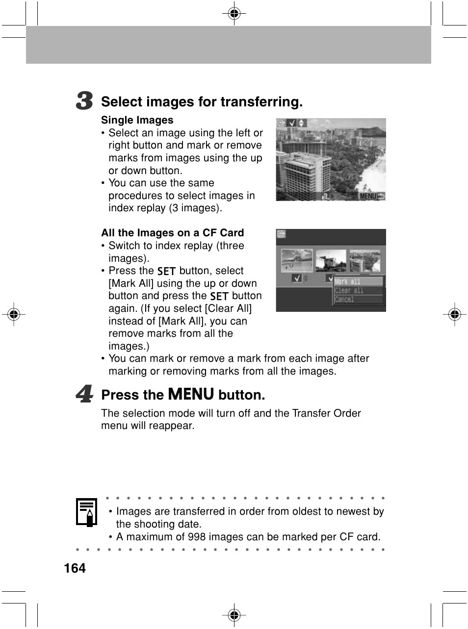 Select images for transferring, Press the button | Canon A70 User Manual | Page 169 / 231