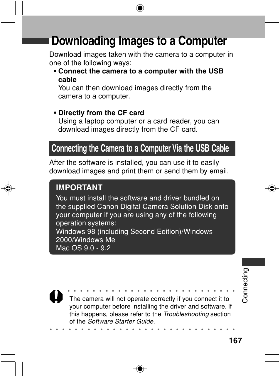 Downloading images to a computer, Important, Connecting | Troubleshooting, Software starter guide | Canon A70 User Manual | Page 172 / 231
