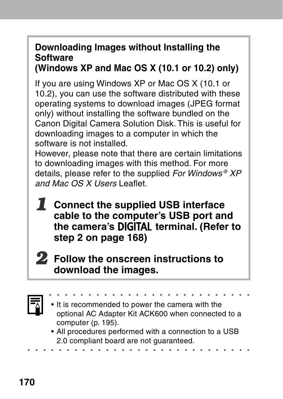 Xp and mac os x users leaflet | Canon A70 User Manual | Page 175 / 231