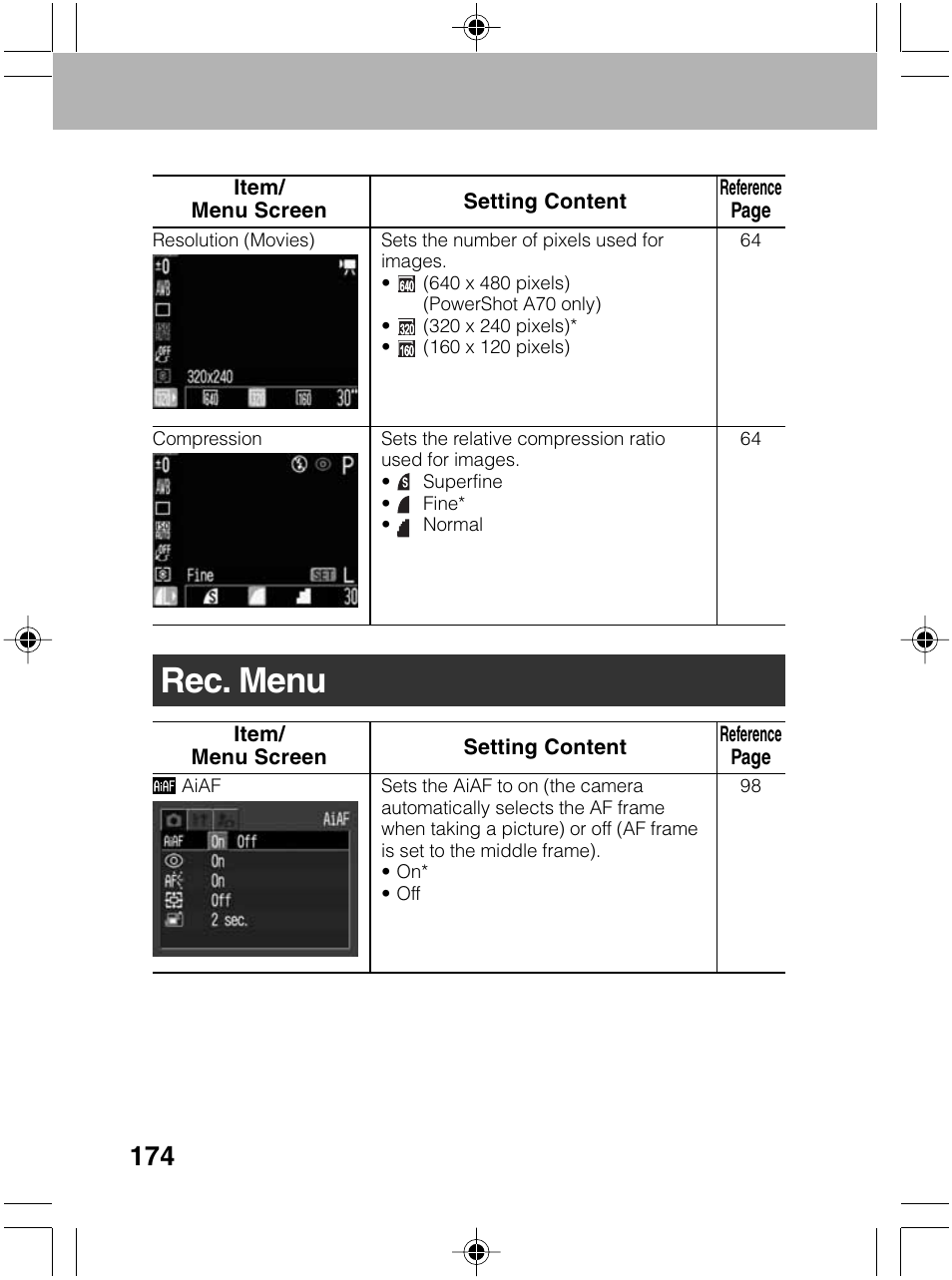 Rec. menu | Canon A70 User Manual | Page 179 / 231