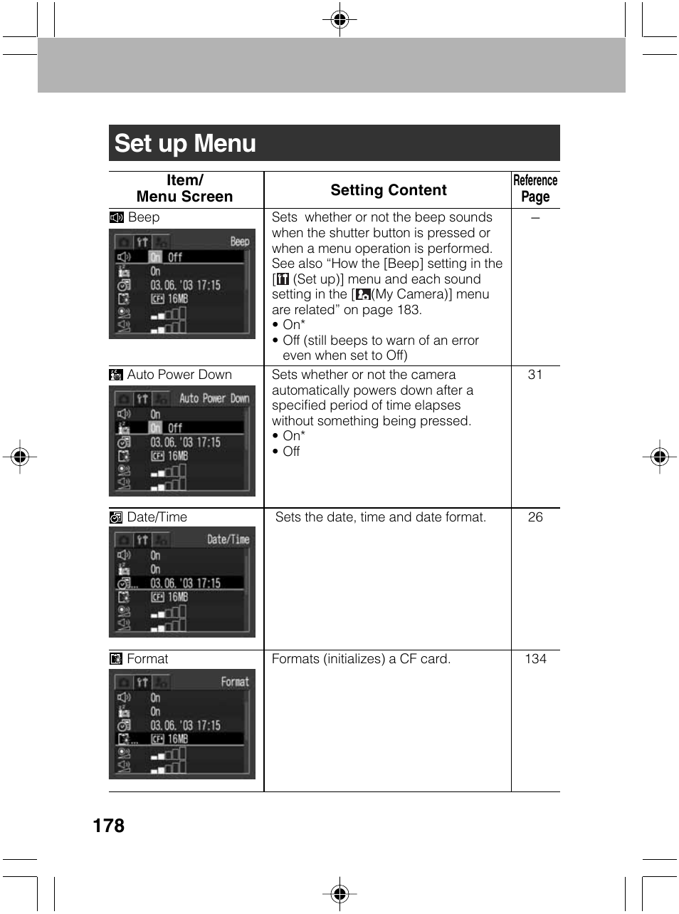 Set up menu | Canon A70 User Manual | Page 183 / 231