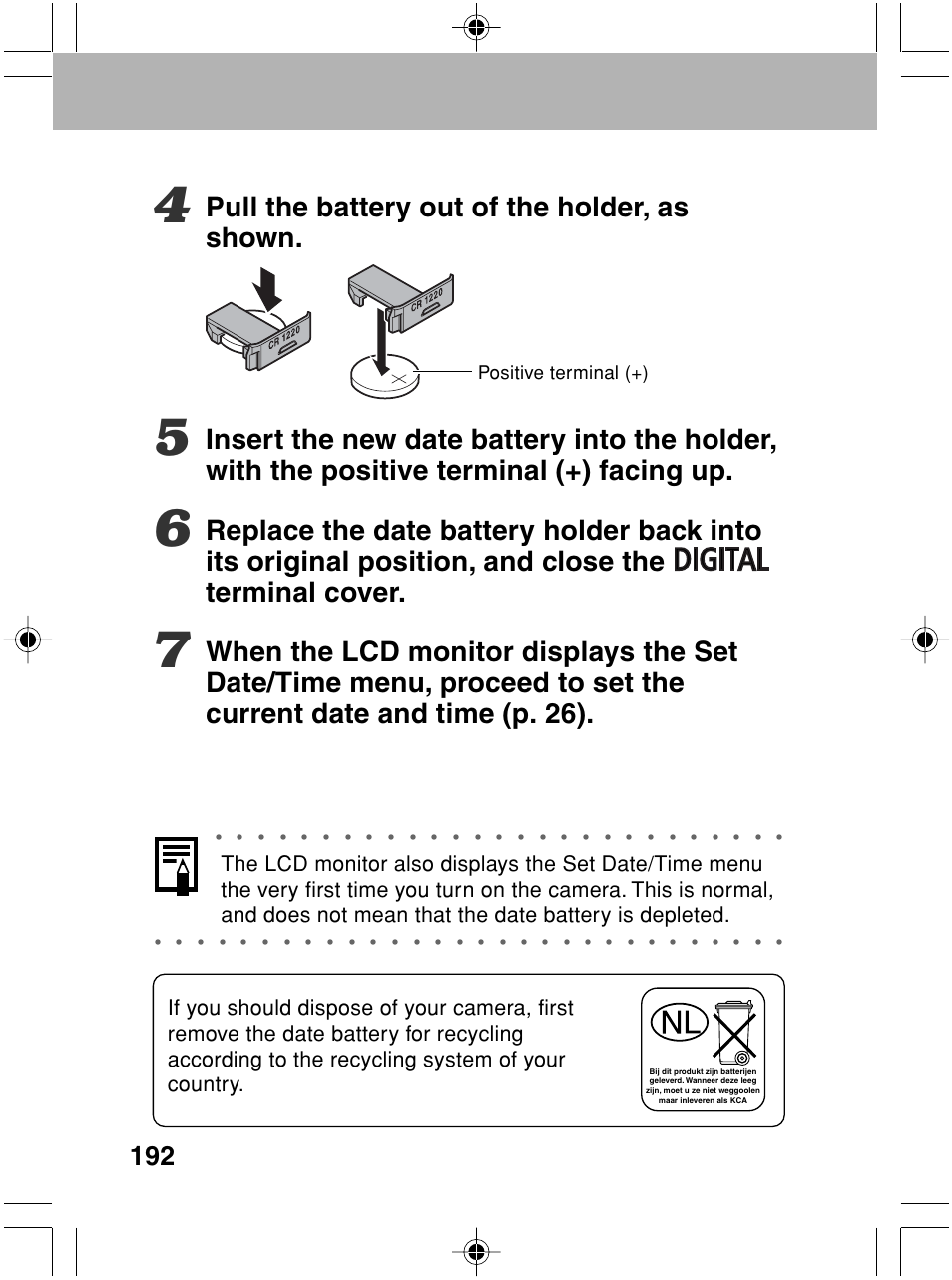 Pull the battery out of the holder, as shown, Positive terminal (+) | Canon A70 User Manual | Page 197 / 231