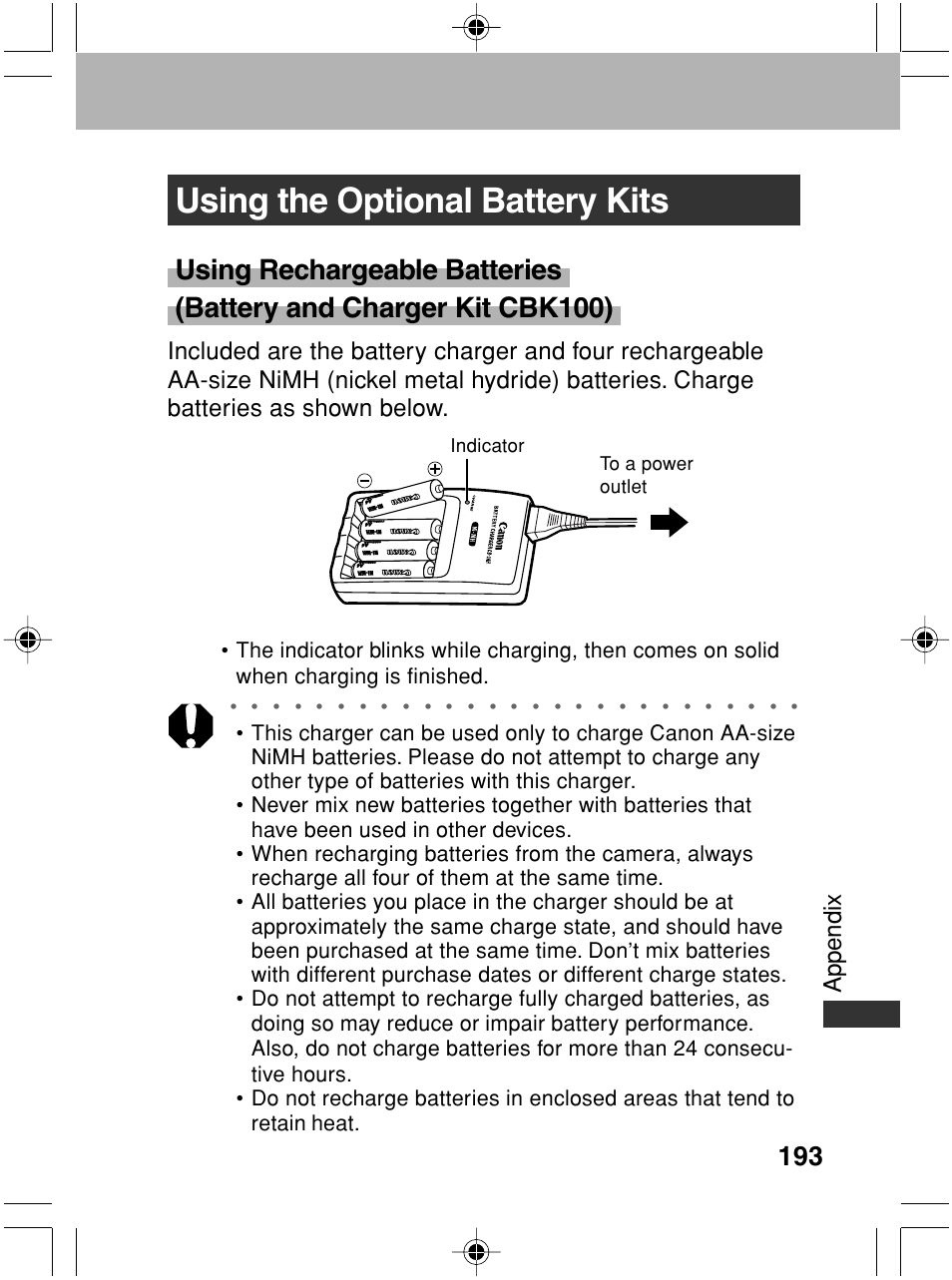 Using the optional battery kits, Appendix, Indicator to a power outlet | Canon A70 User Manual | Page 198 / 231
