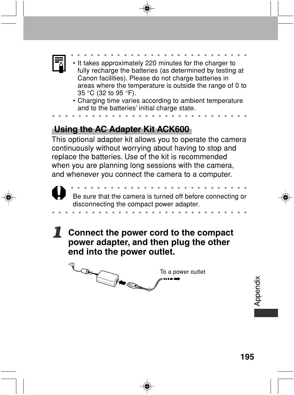 Using the ac adapter kit ack600, Appendix | Canon A70 User Manual | Page 200 / 231