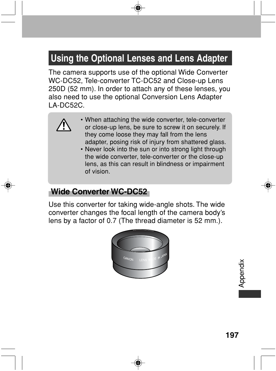 Using the optional lenses and lens adapter, Wide converter wc-dc52 | Canon A70 User Manual | Page 202 / 231