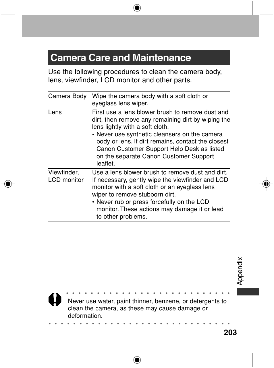 Camera care and maintenance, Appendix, Viewfinder, lcd monitor | Canon A70 User Manual | Page 208 / 231