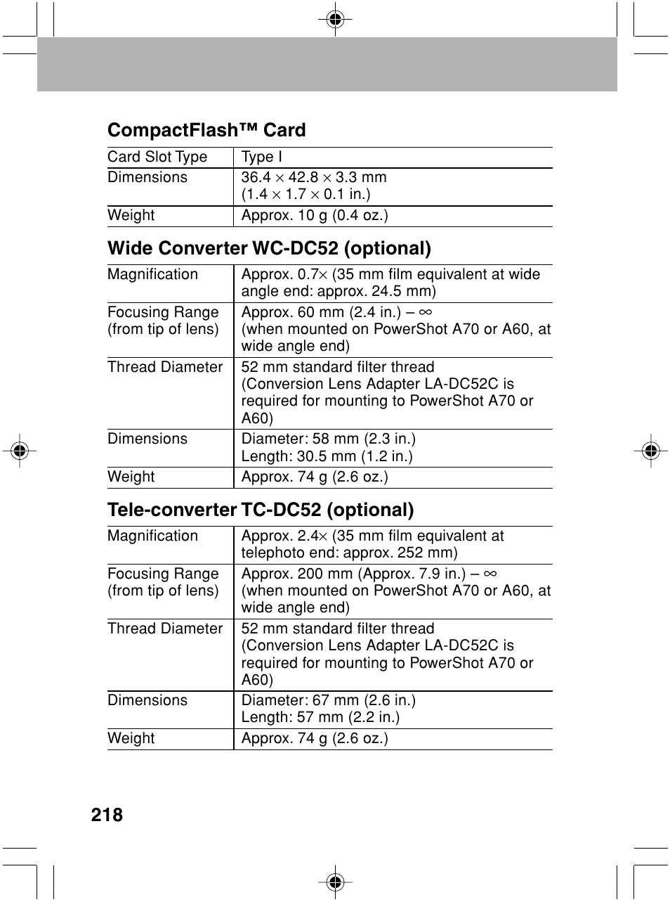 218 compactflash™ card, Wide converter wc-dc52 (optional), Tele-converter tc-dc52 (optional) | Canon A70 User Manual | Page 223 / 231