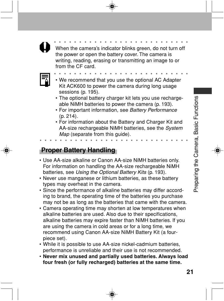 Proper battery handling, Prepar ing the camer a, basic functions, Battery performance | System map, Using the optional battery kits, Separate from this guide) | Canon A70 User Manual | Page 26 / 231