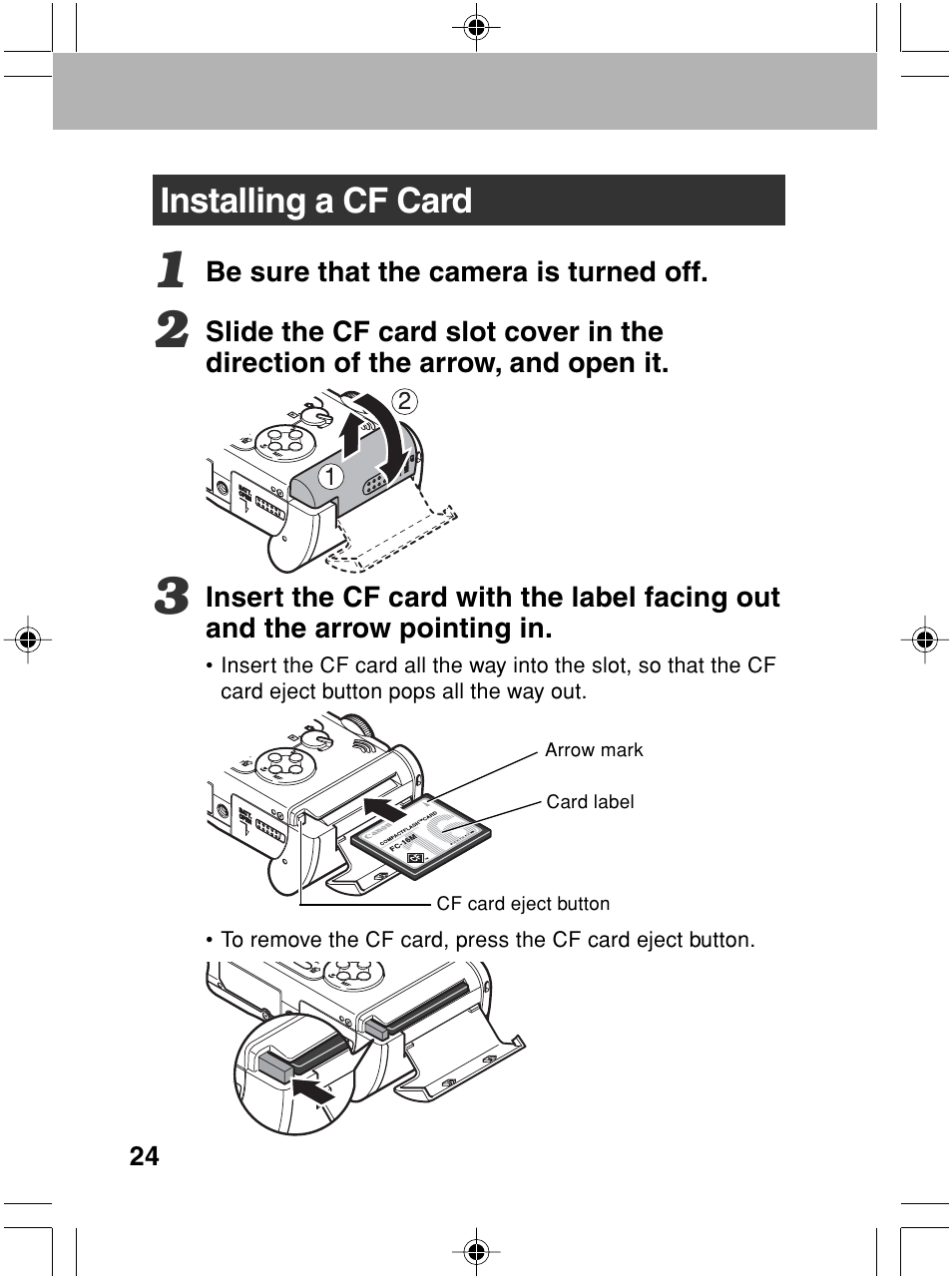 Installing a cf card | Canon A70 User Manual | Page 29 / 231
