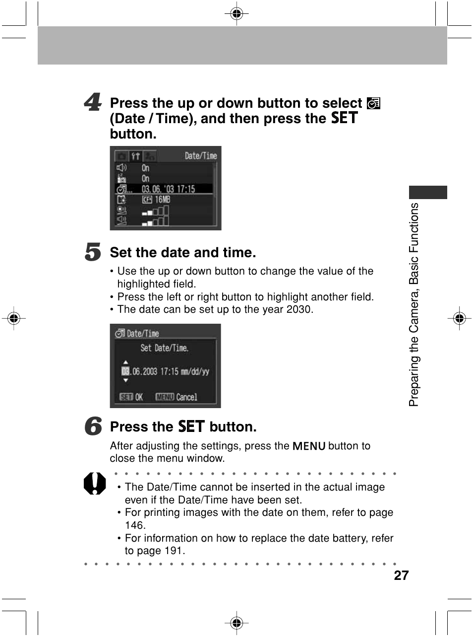 Set the date and time, Press the button, Prepar ing the camer a, basic functions | Canon A70 User Manual | Page 32 / 231