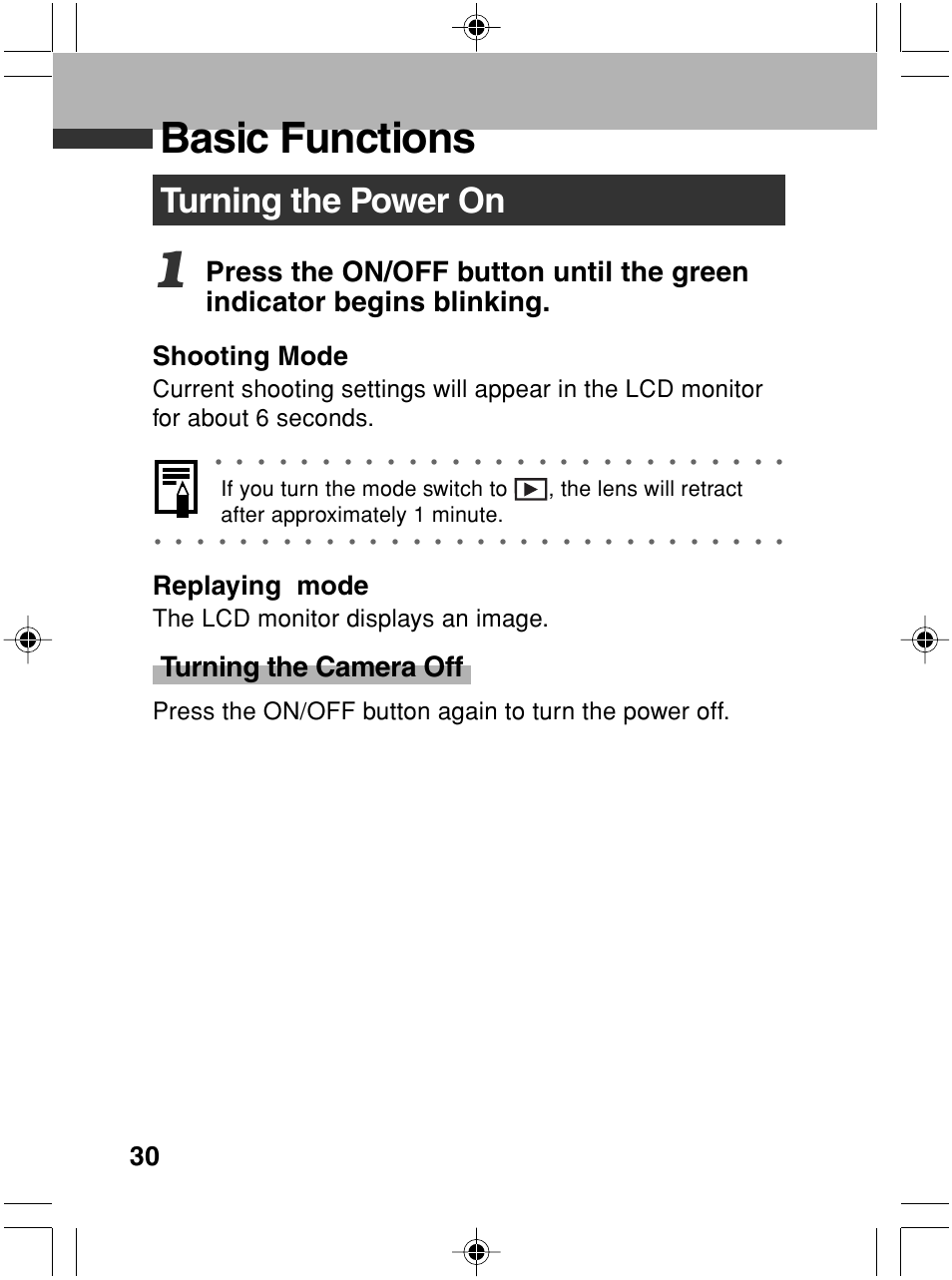 Basic functions, Turning the power on, Turning the camera off | Shooting mode, Replaying mode, The lcd monitor displays an image | Canon A70 User Manual | Page 35 / 231