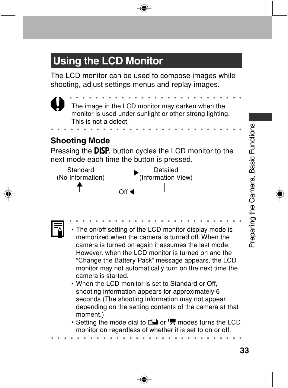 Using the lcd monitor, Shooting mode, Prepar ing the camer a, basic functions | Canon A70 User Manual | Page 38 / 231