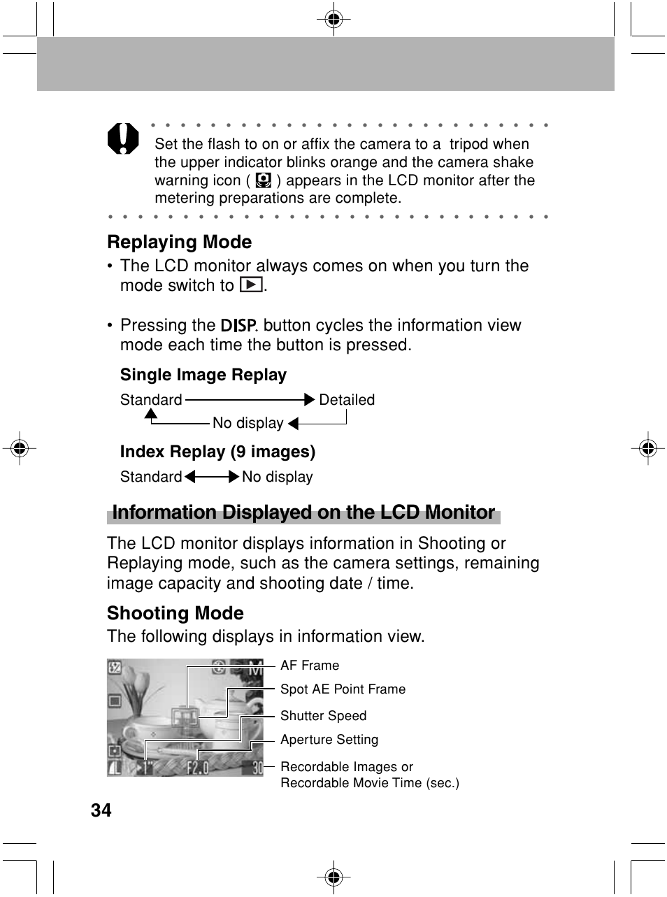 Information displayed on the lcd monitor, Shooting mode, Replaying mode | The following displays in information view, Index replay (9 images), Standard detailed no display, Standard no display | Canon A70 User Manual | Page 39 / 231