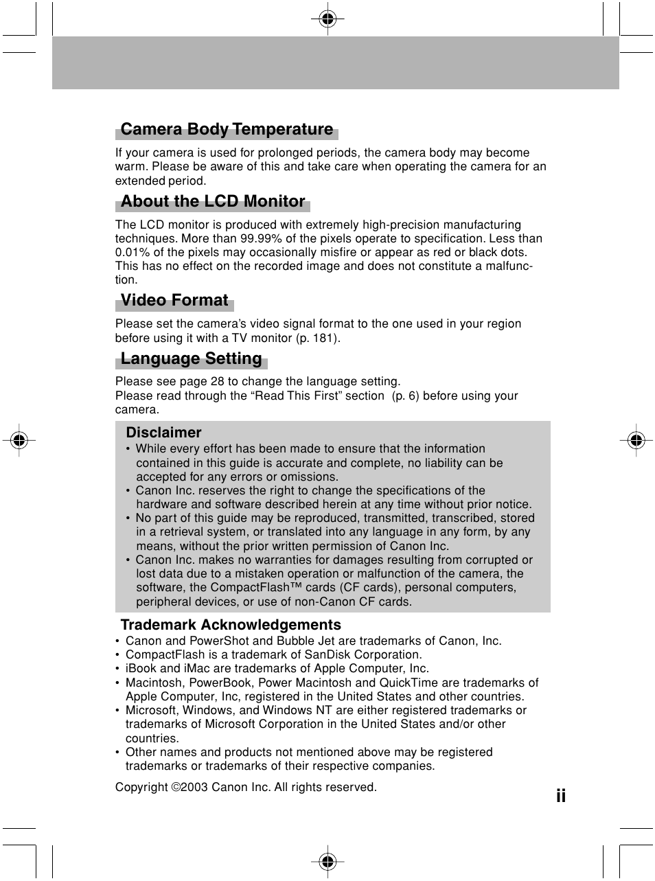 Camera body temperature, About the lcd monitor, Video format | Language setting | Canon A70 User Manual | Page 4 / 231