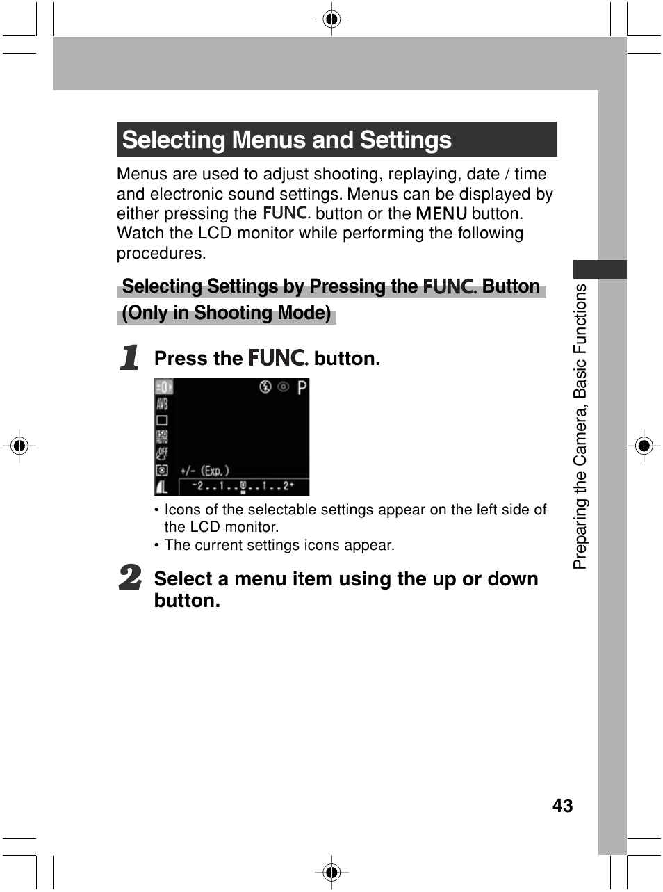 Selecting menus and settings | Canon A70 User Manual | Page 48 / 231