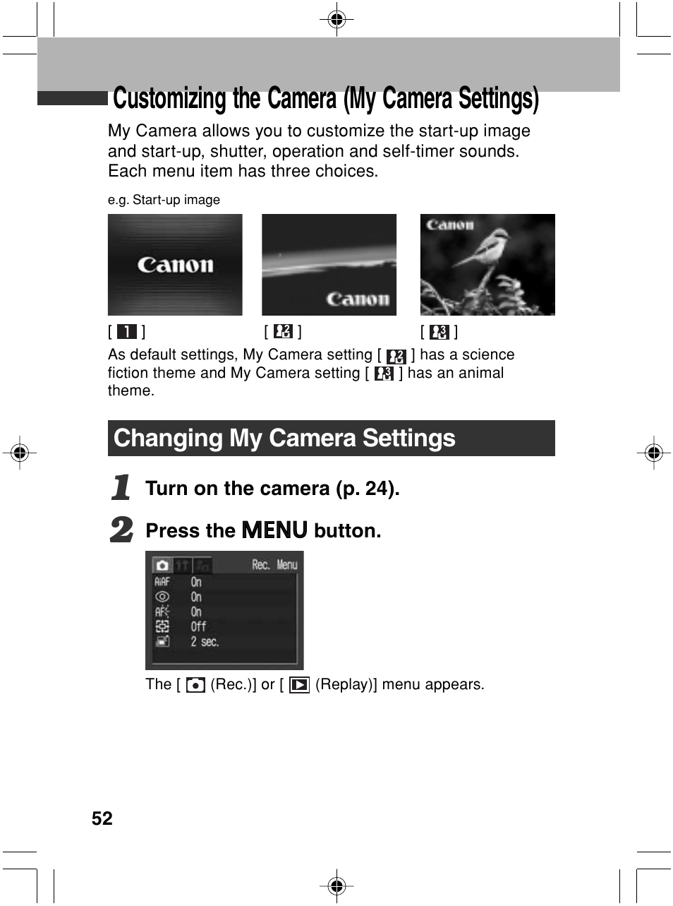Customizing the camera (my camera settings), Changing my camera settings | Canon A70 User Manual | Page 57 / 231