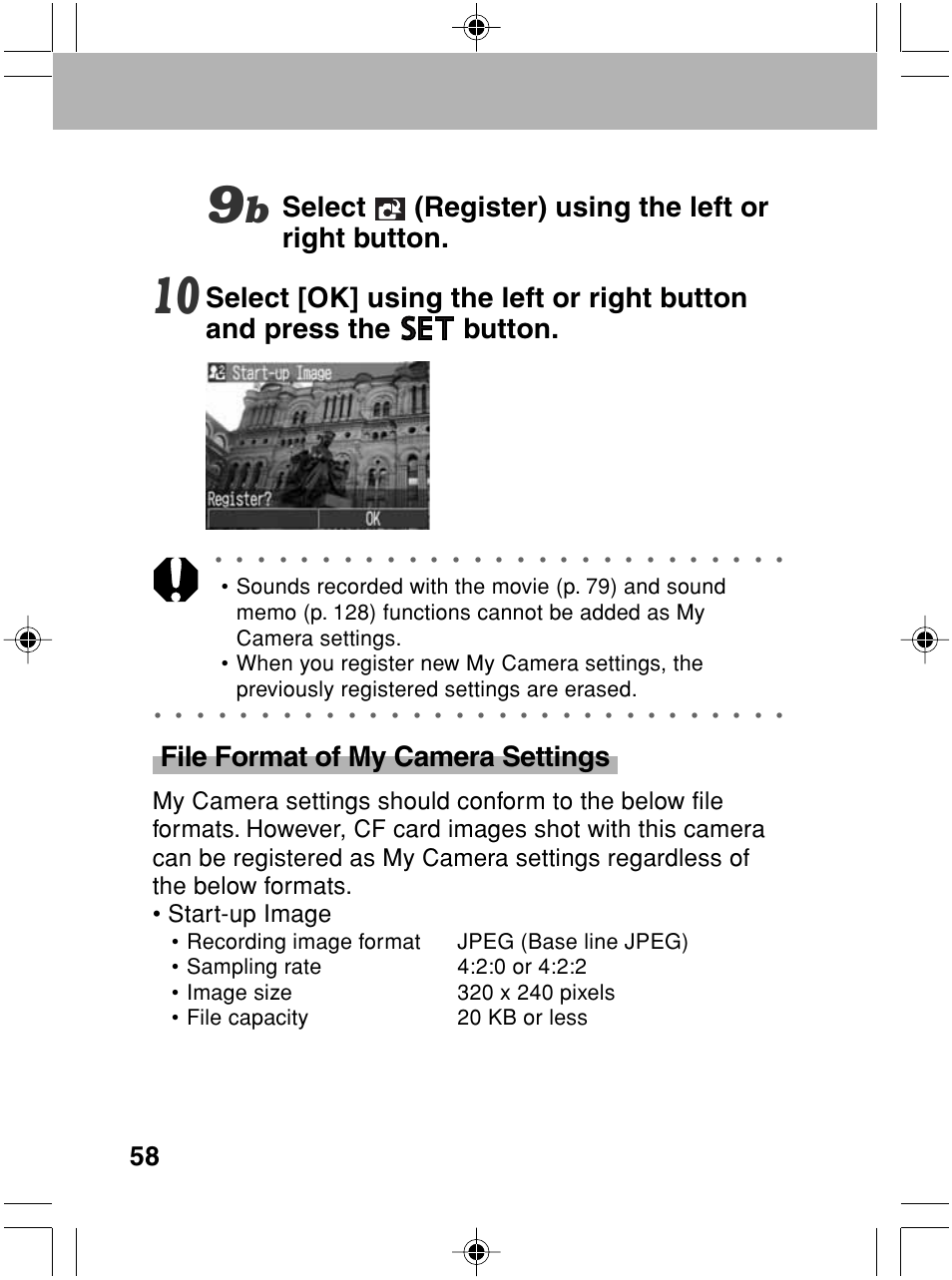 Select (register) using the left or right button, File format of my camera settings | Canon A70 User Manual | Page 63 / 231