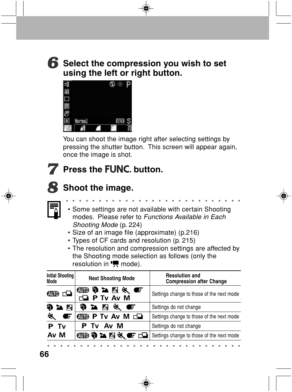 Press the button, Shoot the image, Functions available in each shooting mode | Canon A70 User Manual | Page 71 / 231